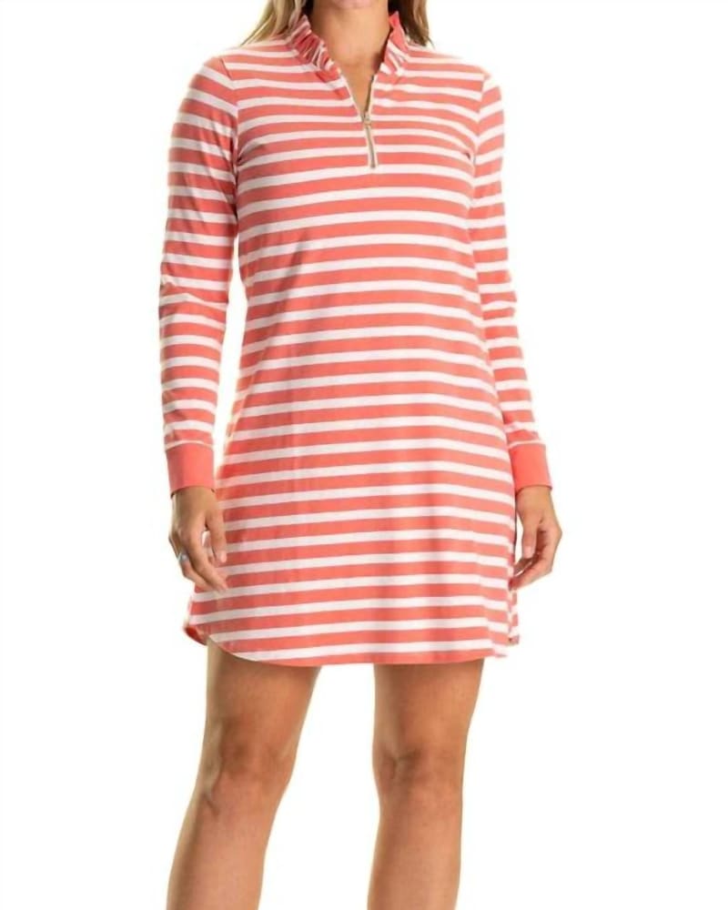 Front of a model wearing a size Extra Large Solange Dress In Coral/White Stripe in Coral/White Stripe by Duffield Lane. | dia_product_style_image_id:342184